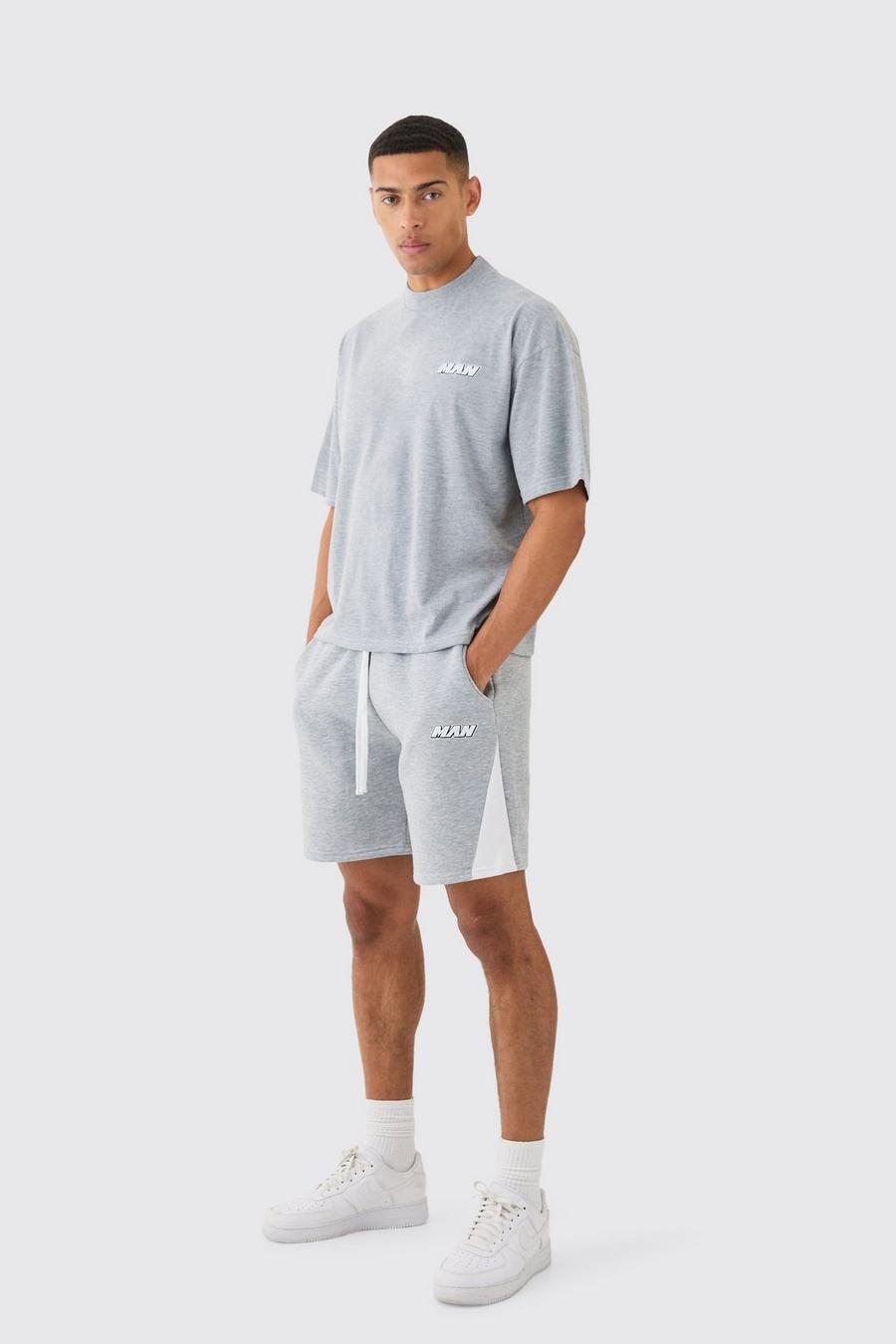 Grey marl Man Oversized Boxy Contrast Stitch T-shirt Gusset Shorts Set