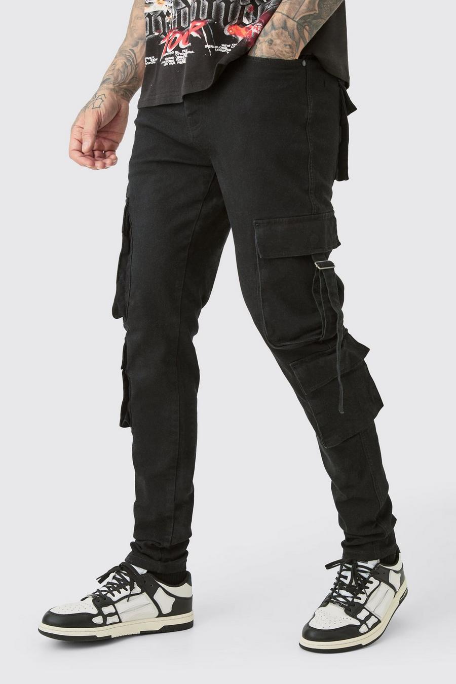 Tall Stretch Skinny Cargo-Jeans mit Taschen-Detail, True black image number 1