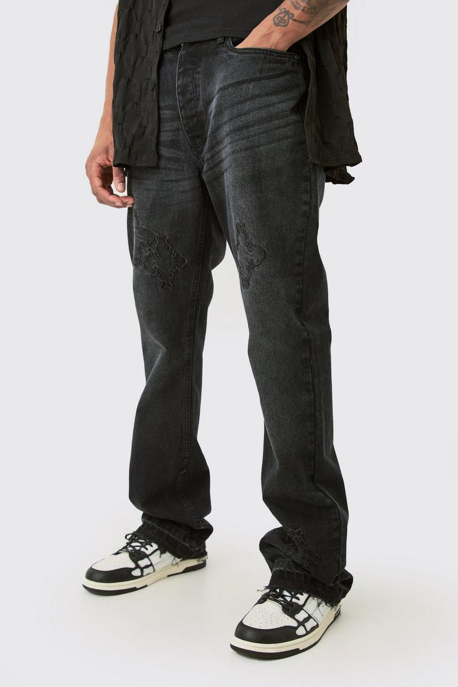 Jeans Tall Slim Fit in denim rigido con applique a croce, Washed black