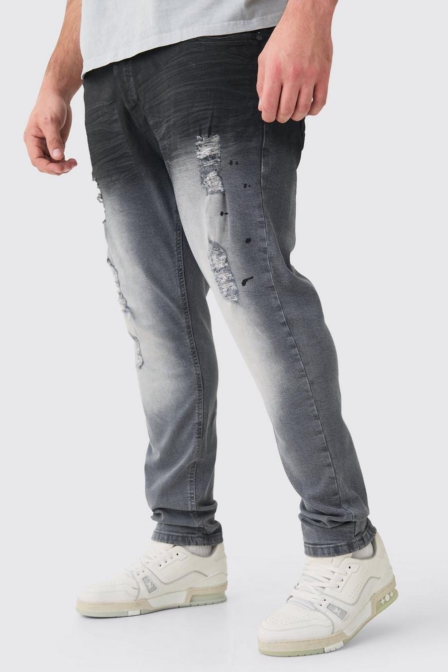 Dark grey Plus Skinny jeans med färgstänk, mörkgrå stretch