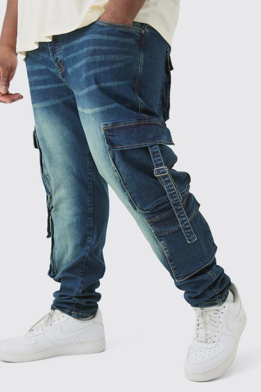 Jeans Plus Size in Stretch Skinny Fit in lavaggio scuro con tasche Cargo, Dark wash
