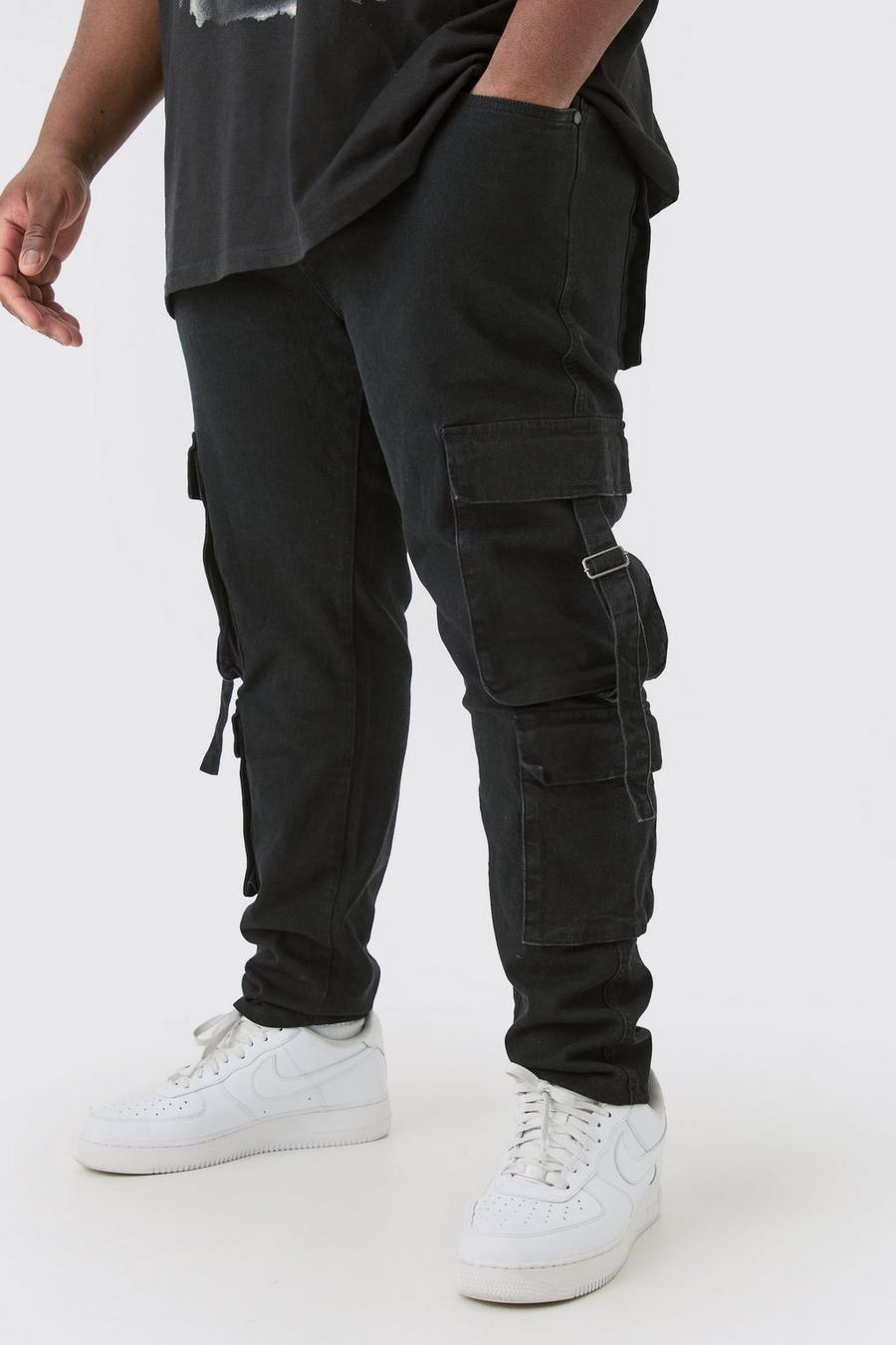 Jeans Plus Size Skinny Fit in Stretch con tasche Cargo e dettagli neri, True black