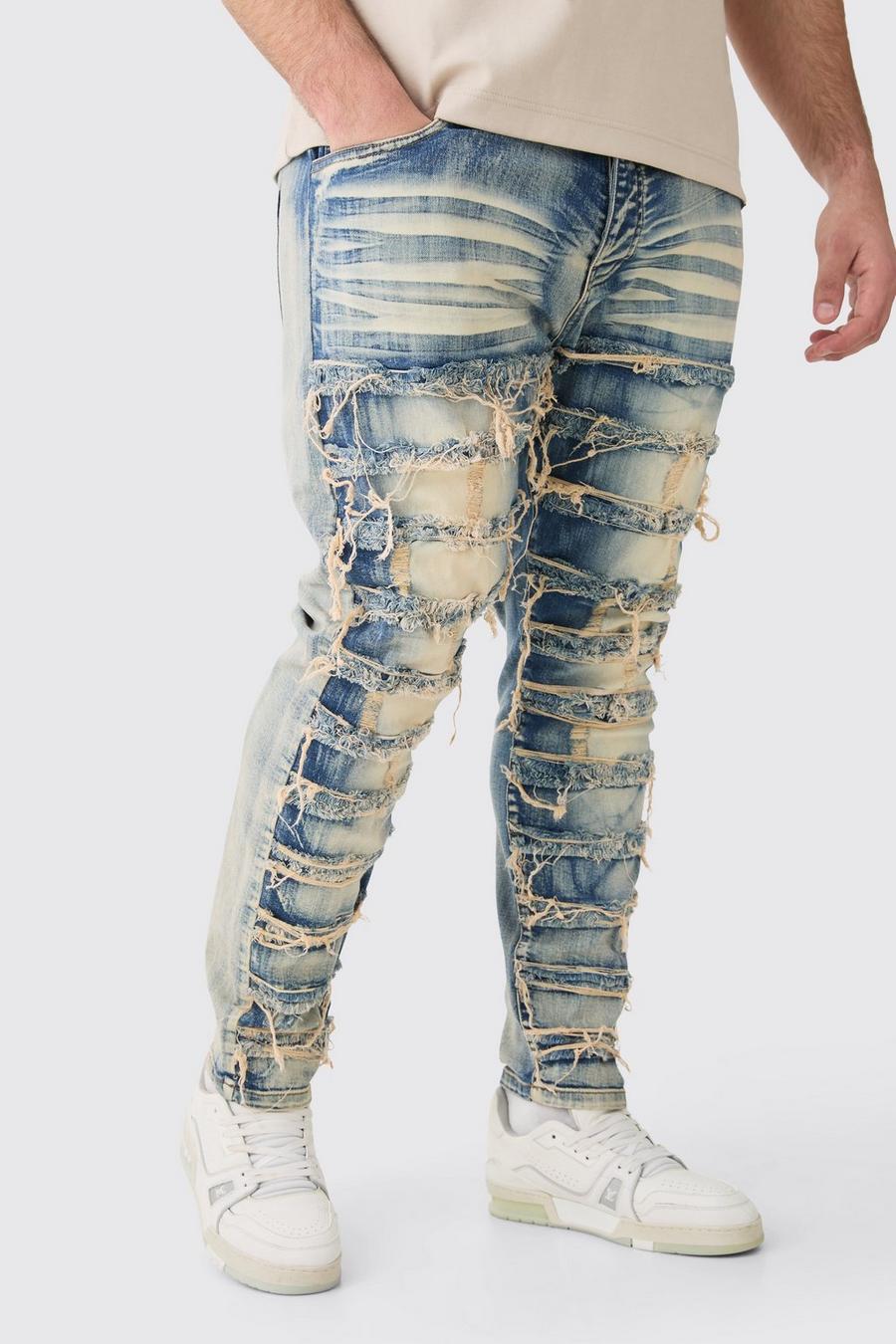 Mid blue Plus Slitna skinny jeans med stretch och lagningar
