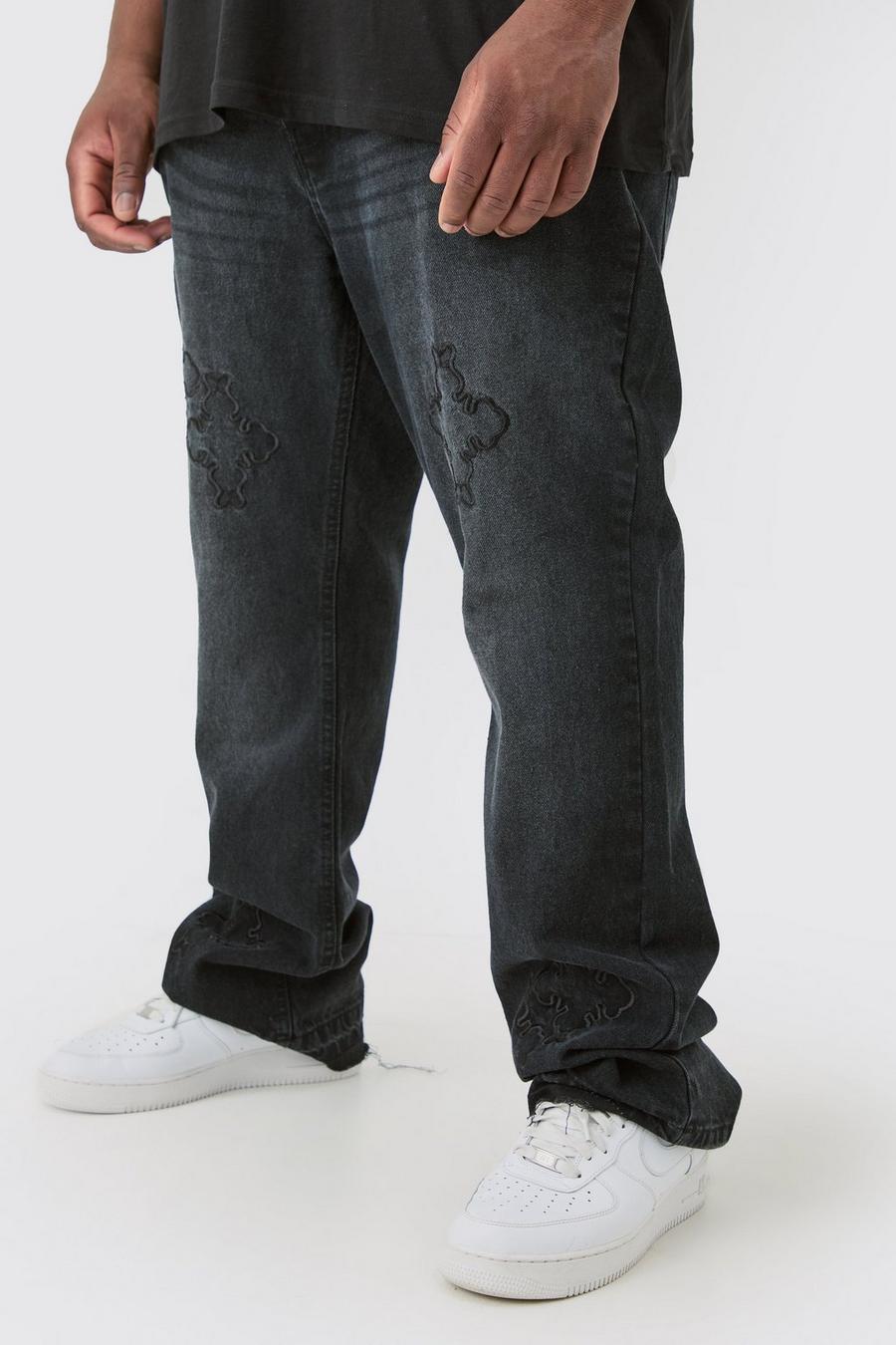 Jeans Plus Size Slim Fit in denim rigido con applique a croce, Washed black