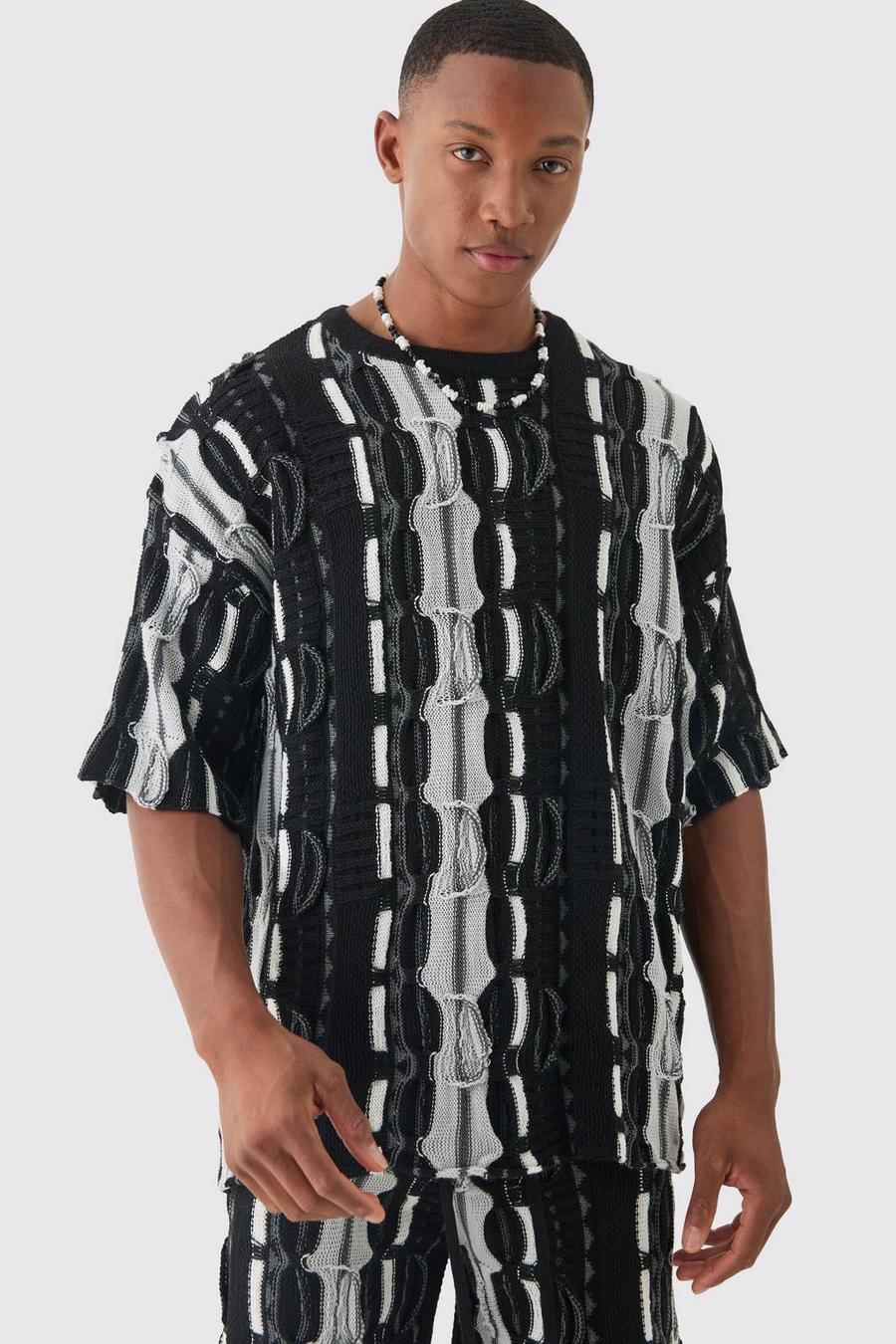 T-shirt oversize in maglia in rilievo, Charcoal