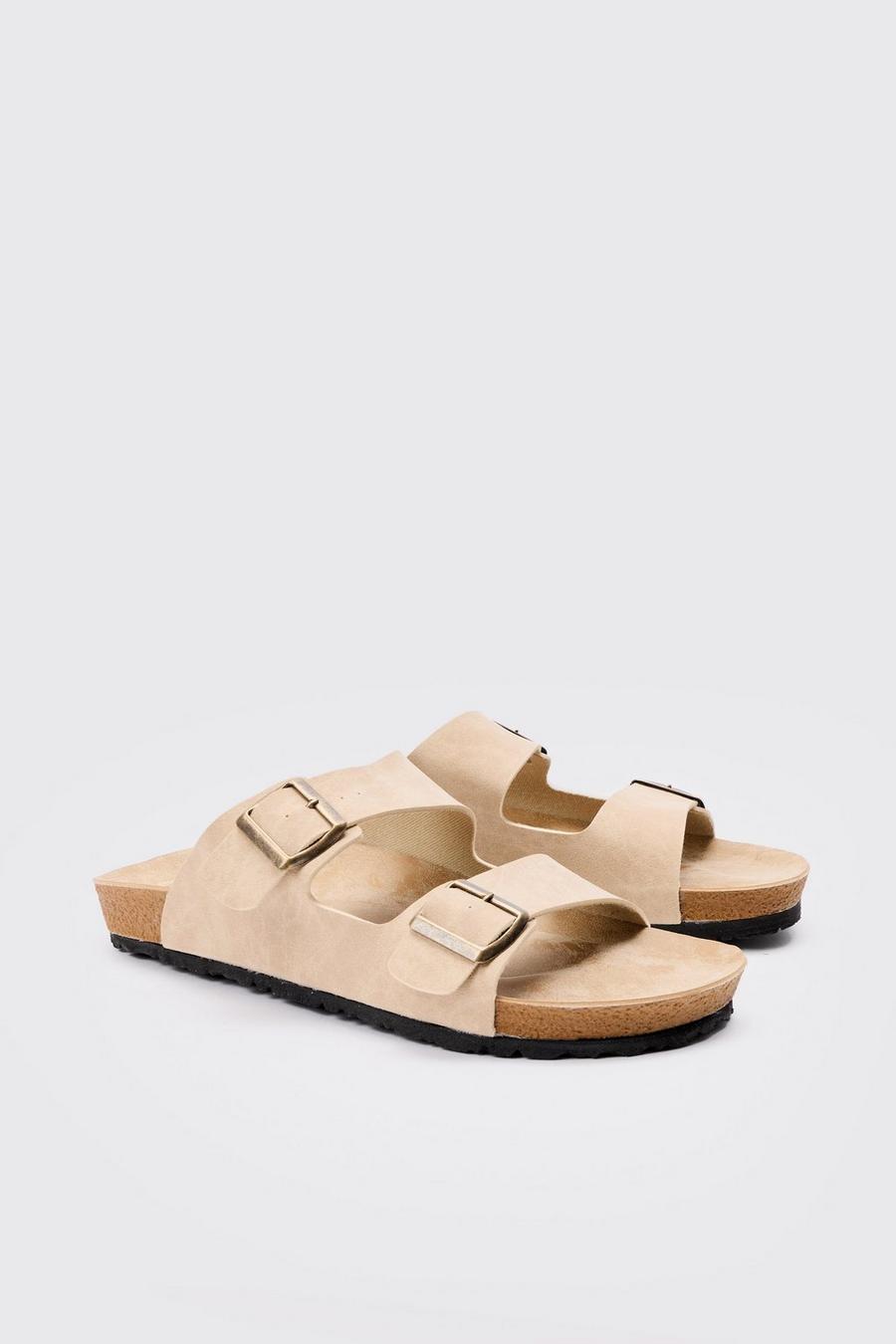 Faux Suede Double Buckle Sandals In Taupe