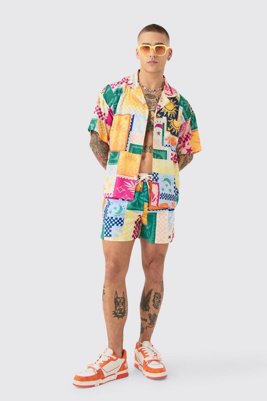 Palm Tree Tile Shirt & Swim Short Set, Multi