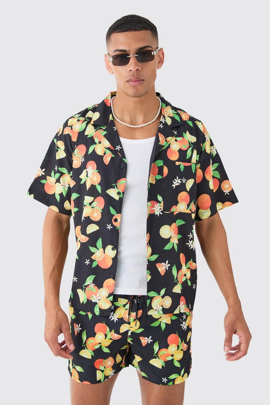 Conjunto de bañador y camisa con estampado de frutas, Black image number 1