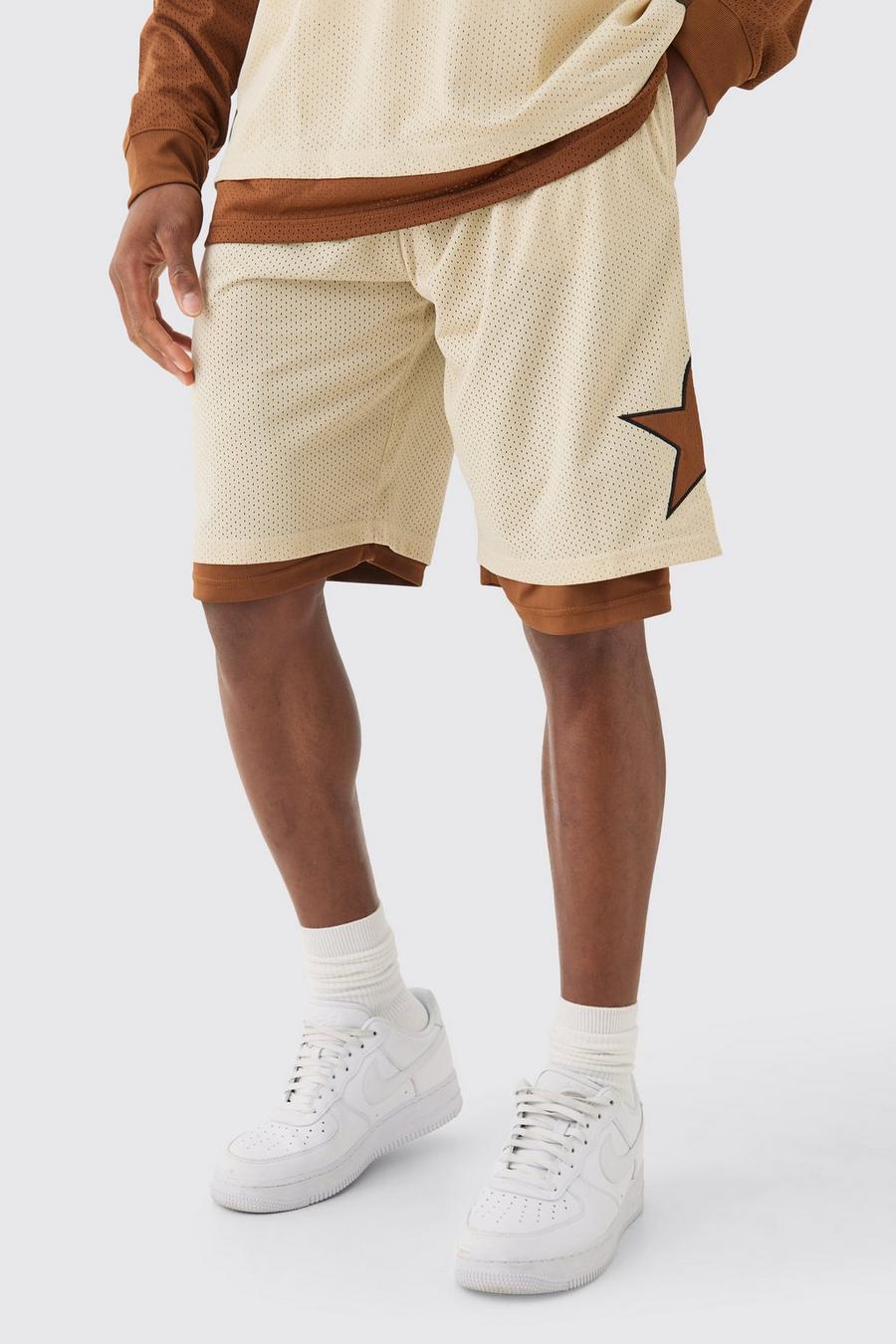 Taupe Loose Fit Layered Long Length Basketball Short image number 1