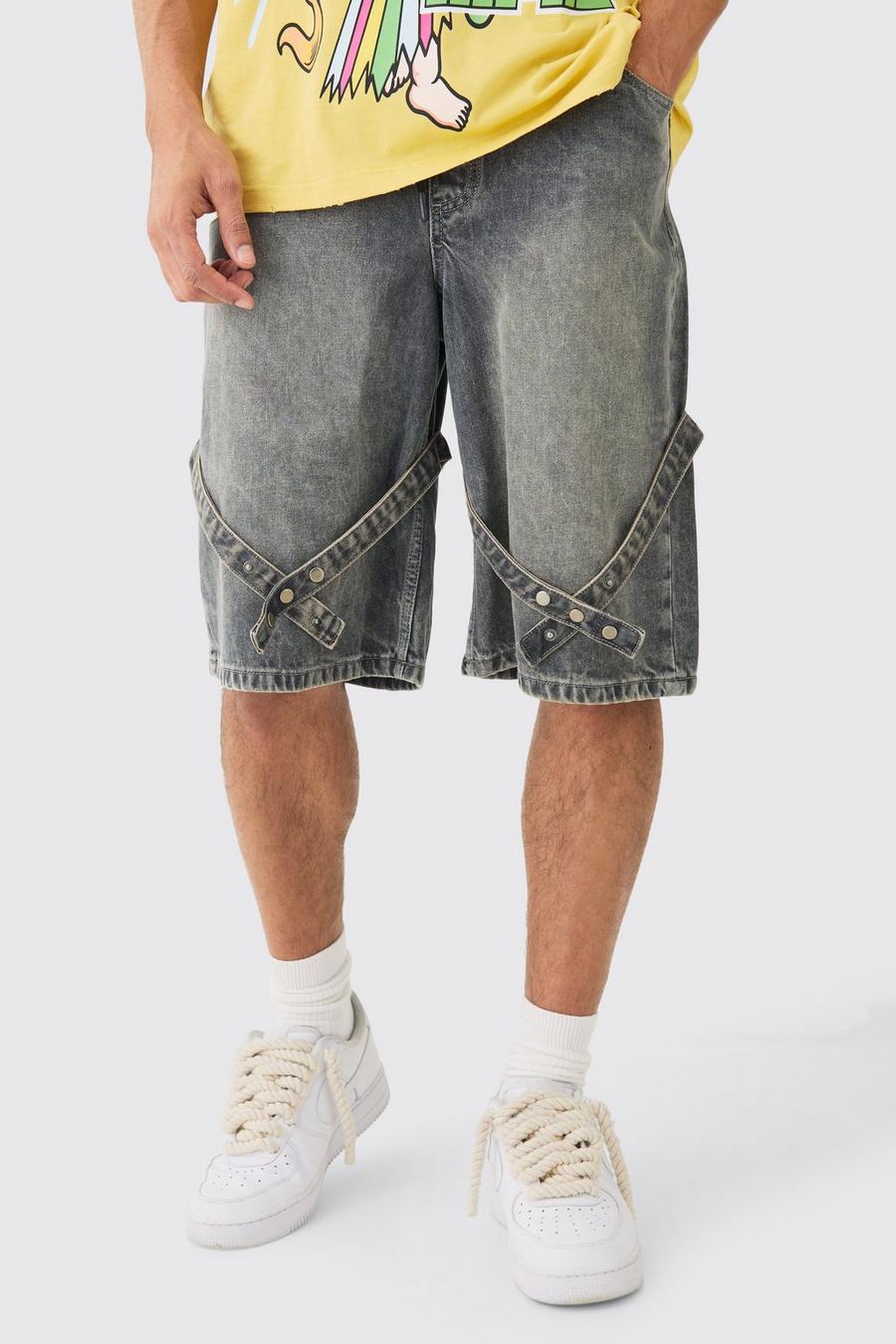 Pantalones cortos vaqueros con cintura elástica y detalle de tira en gris antiguo, Grey