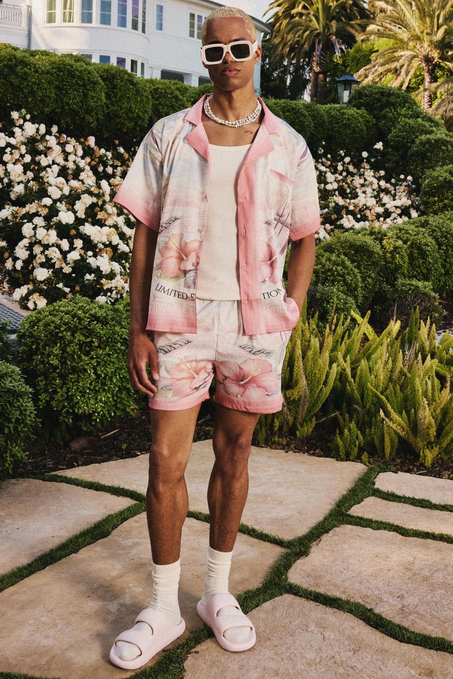 Light pink Boxy Satin Homme Short Sleeve Shirt & Short Set