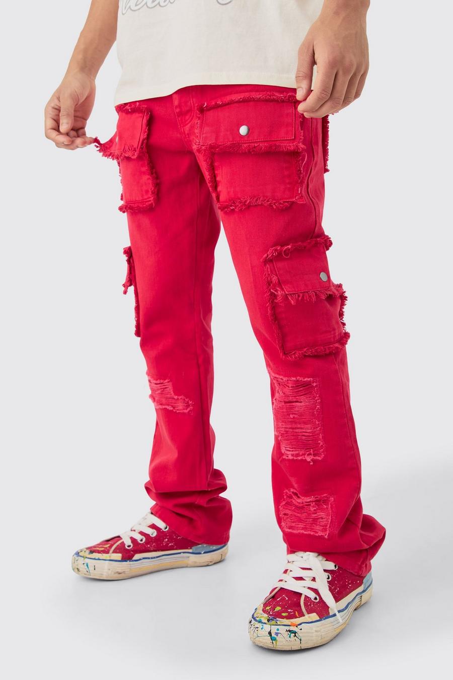 Zerrissene Slim-Fit Jeans in Rot mit Taschen, Red