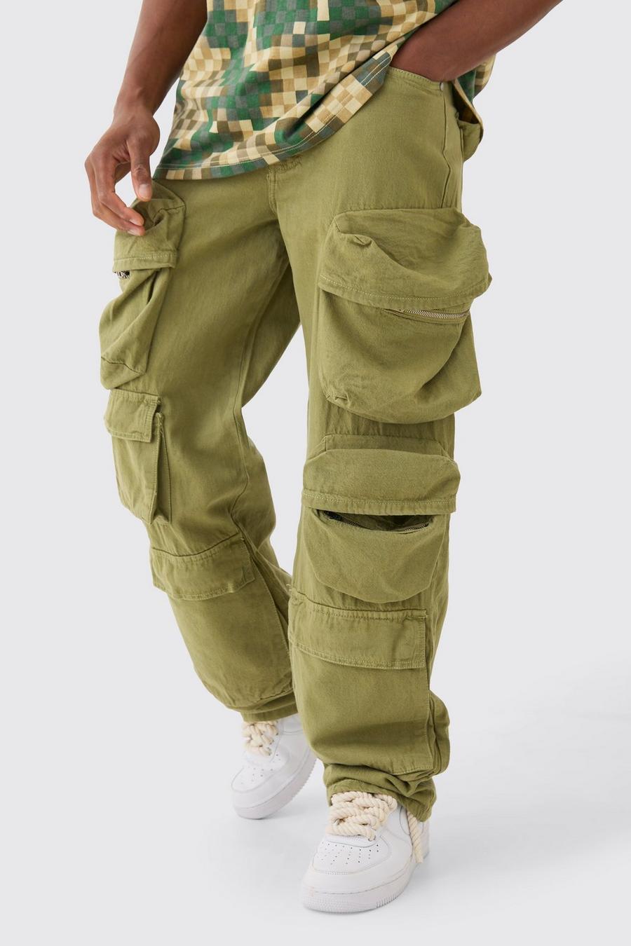 Baggy Rigid 3D Cargo Pocket Jeans In Sage