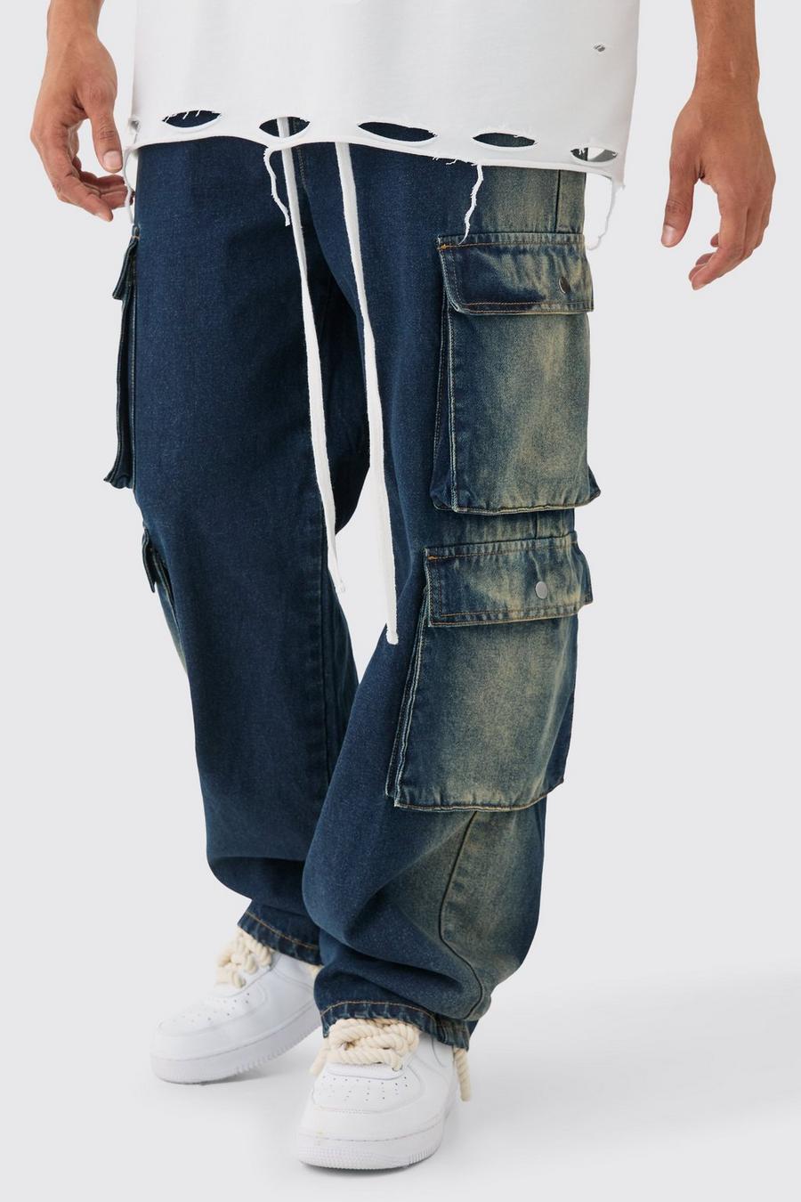Baggy Rigid Elasticated Waist Acid Washed Cargo Jeans In Antique Blue