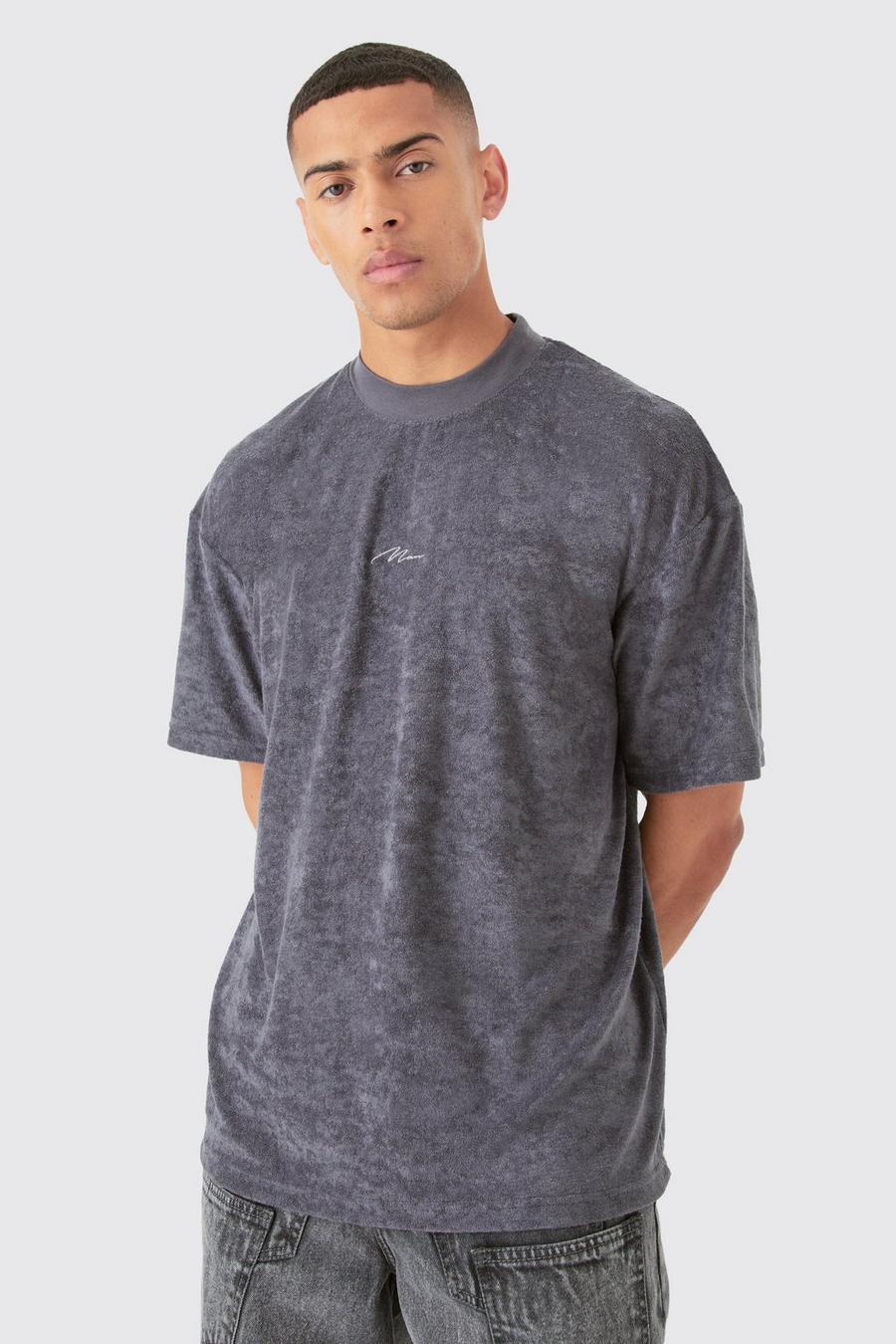 Camiseta oversize MAN de felpa con cuello extendido y firma, Charcoal