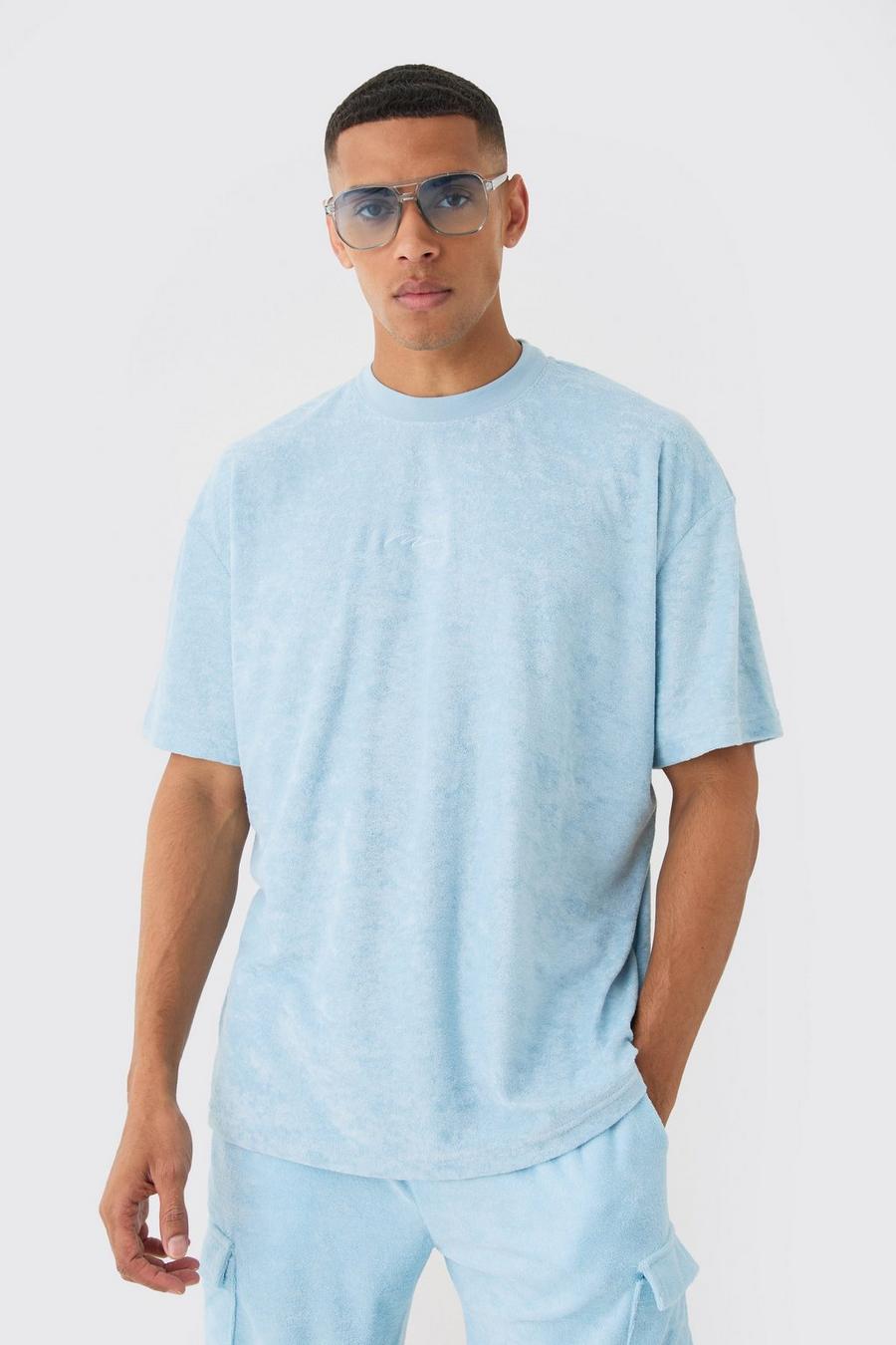 Camiseta oversize MAN de felpa con cuello extendido y firma, Light blue