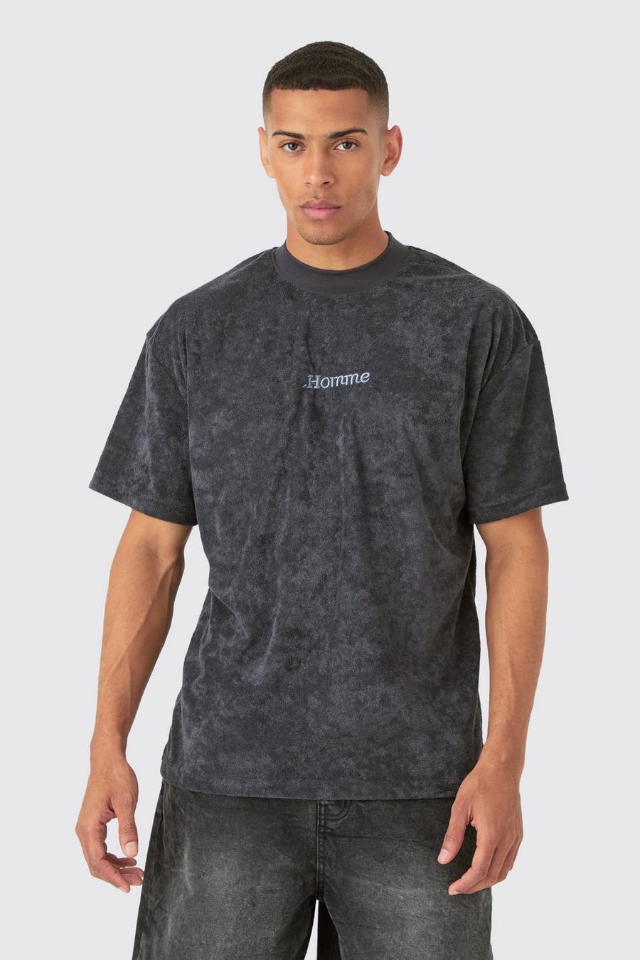 Camiseta oversize de felpa con cuello extendido y estampado Homme, Charcoal image number 1