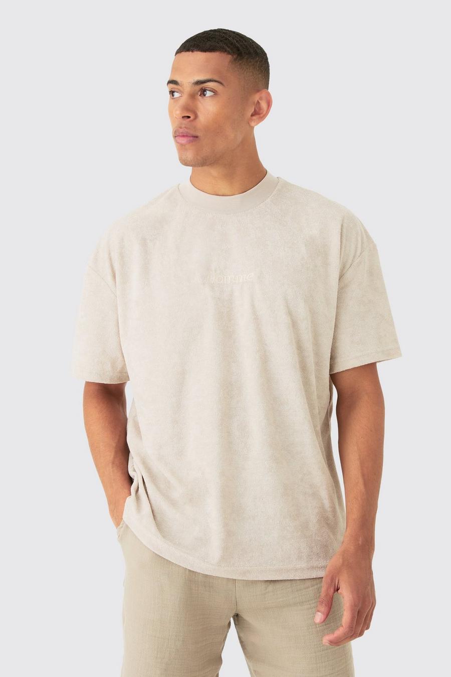 Camiseta oversize de felpa con cuello extendido y estampado Homme, Stone image number 1