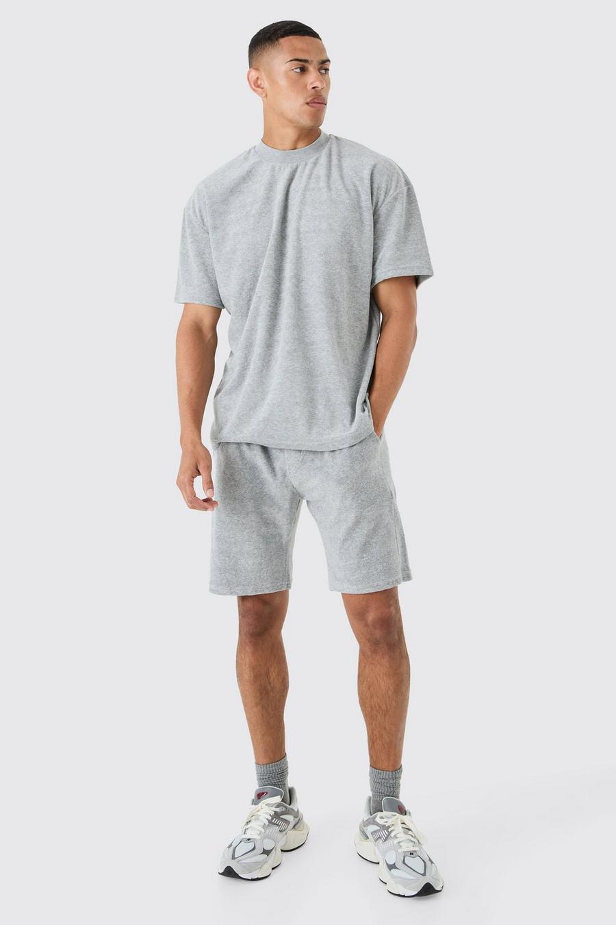 Set T-shirt oversize in spugna con girocollo esteso & pantaloncini, Grey marl