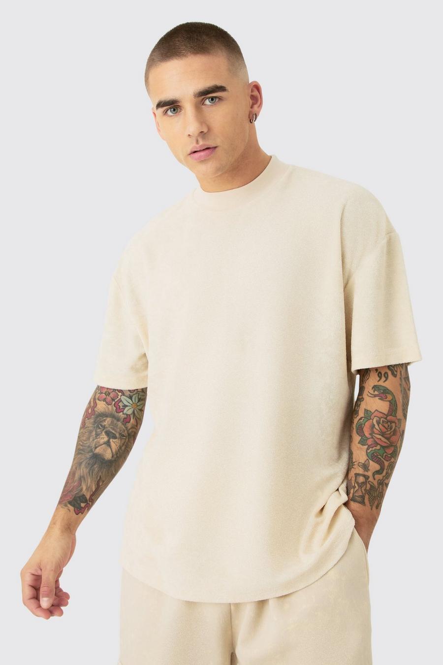 Beige Oversized Extended Neck Towelling T-shirt