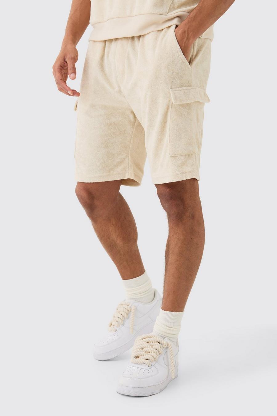 Beige Loose Fit Mid Towelling Cargo Shorts