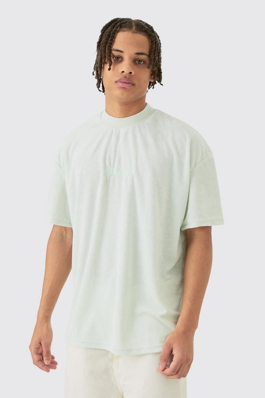 Camiseta oversize de felpa con cuello extendido y estampado Homme, Pale green image number 1