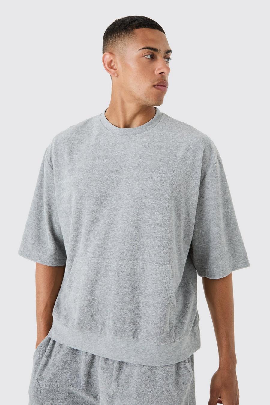 Kurzärmliges kastiges Oversize Frottee Sweatshirt, Grey marl image number 1