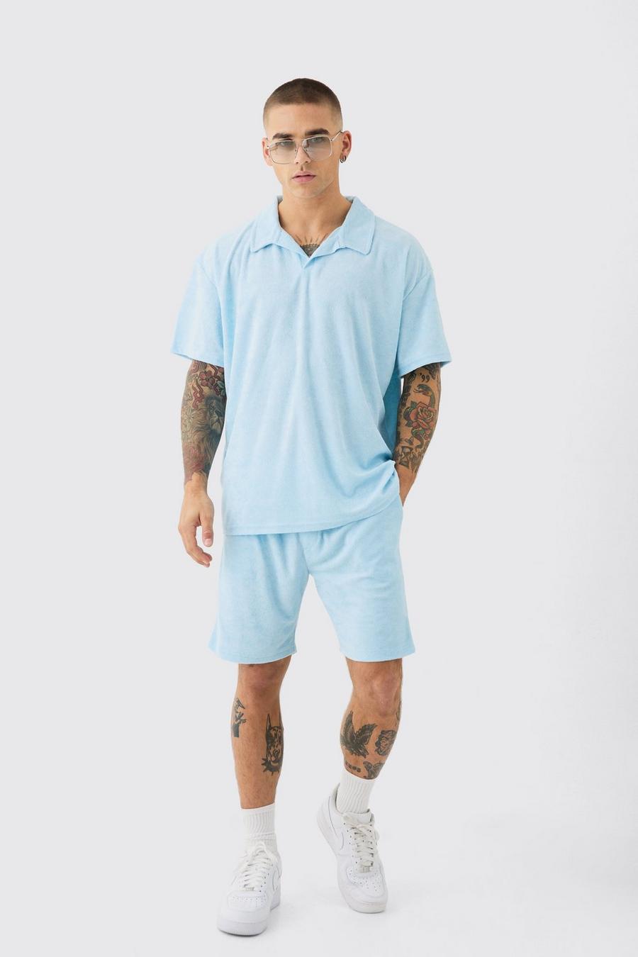 Oversize Frottee Poloshirt & Shorts, Light blue