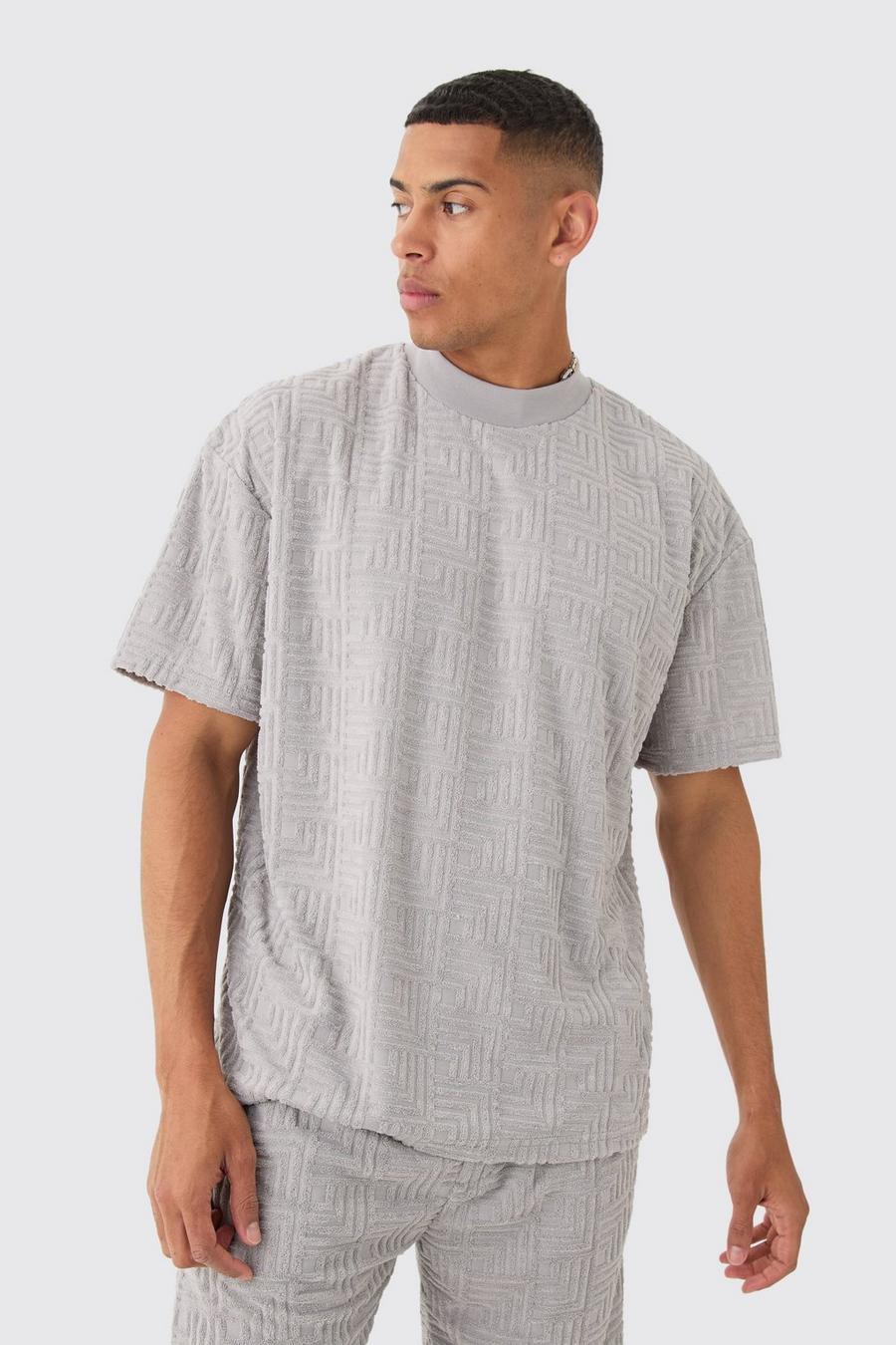 Camiseta oversize de jacquard y felpa con cuello extendido y estampado geométrico, Light grey