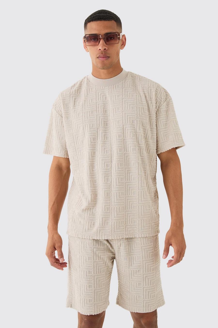 Pantalón corto y camiseta oversize de jacquard de felpa con estampado geométrico, Stone