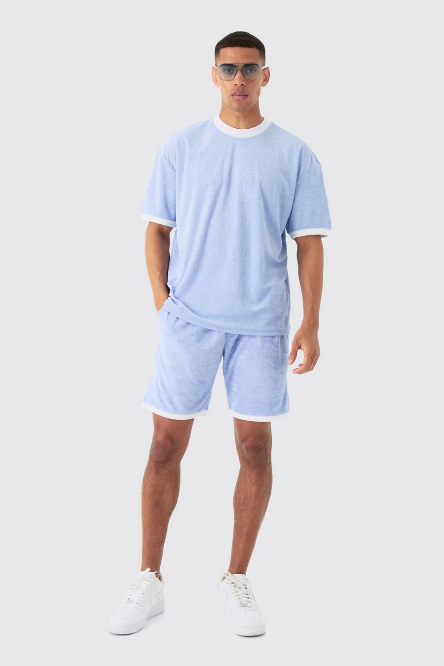 Pantalón corto y camiseta oversize de felpa con cuello extendido en contraste, Dusty blue image number 1