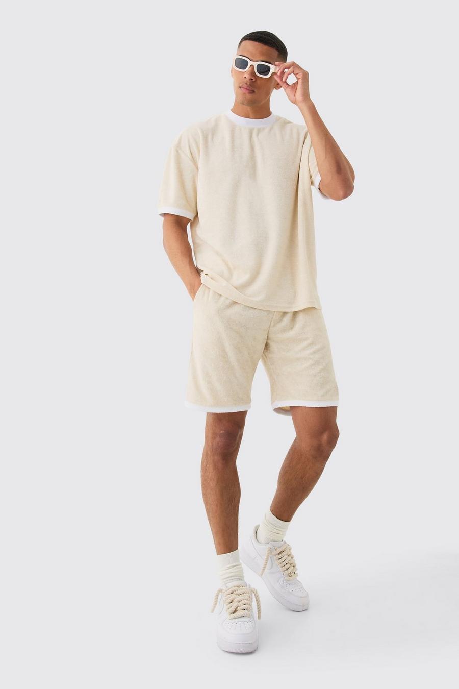 Beige Oversized Extended Neck Contrast Towelling T-shirt & Shorts Set