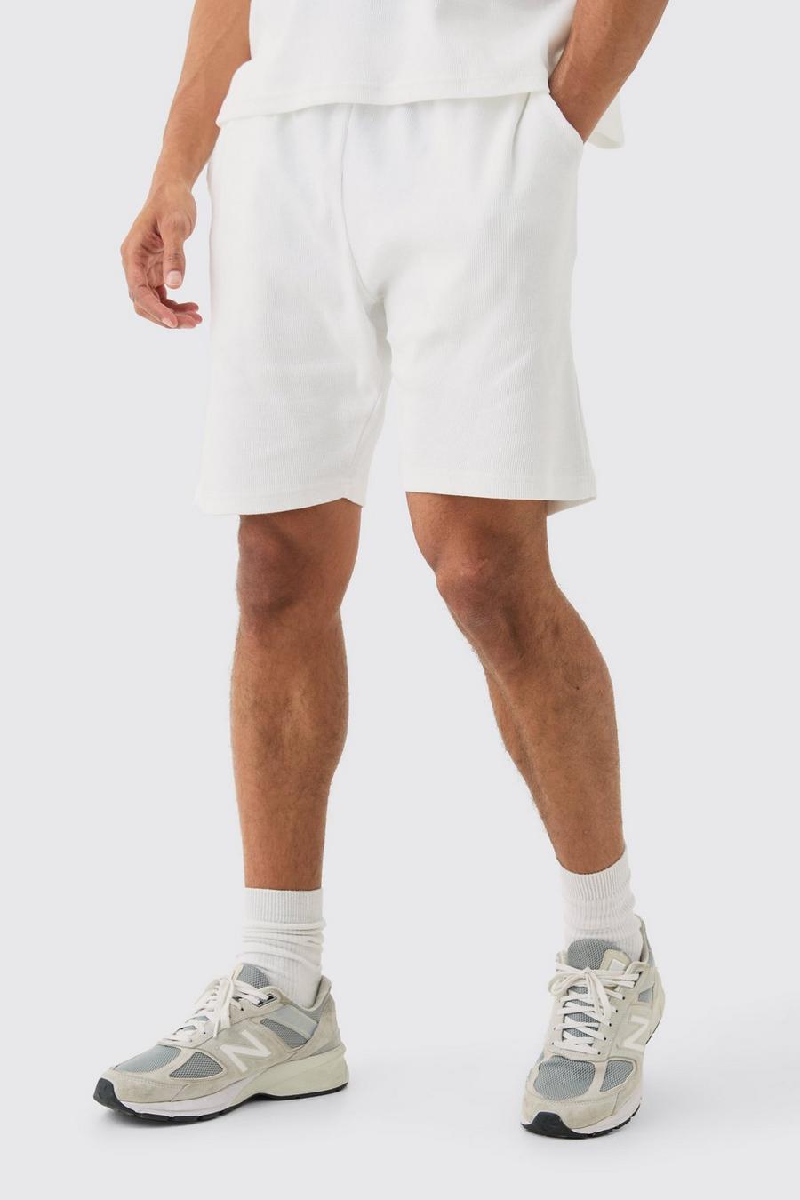 Ecru Loose Fit Mid Length Heavyweight Ribbed Shorts image number 1
