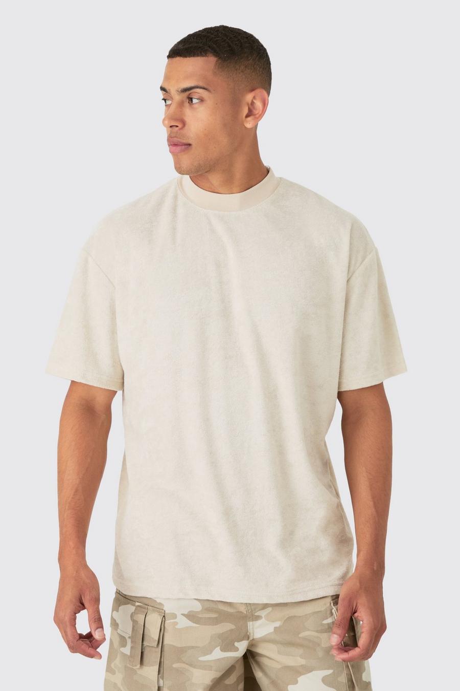 T-shirt oversize en tissu éponge à encolure dégagée, Stone image number 1