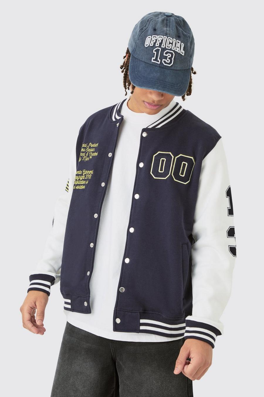 Jersey Varsity Bomber Jacket With Badges, Navy image number 1