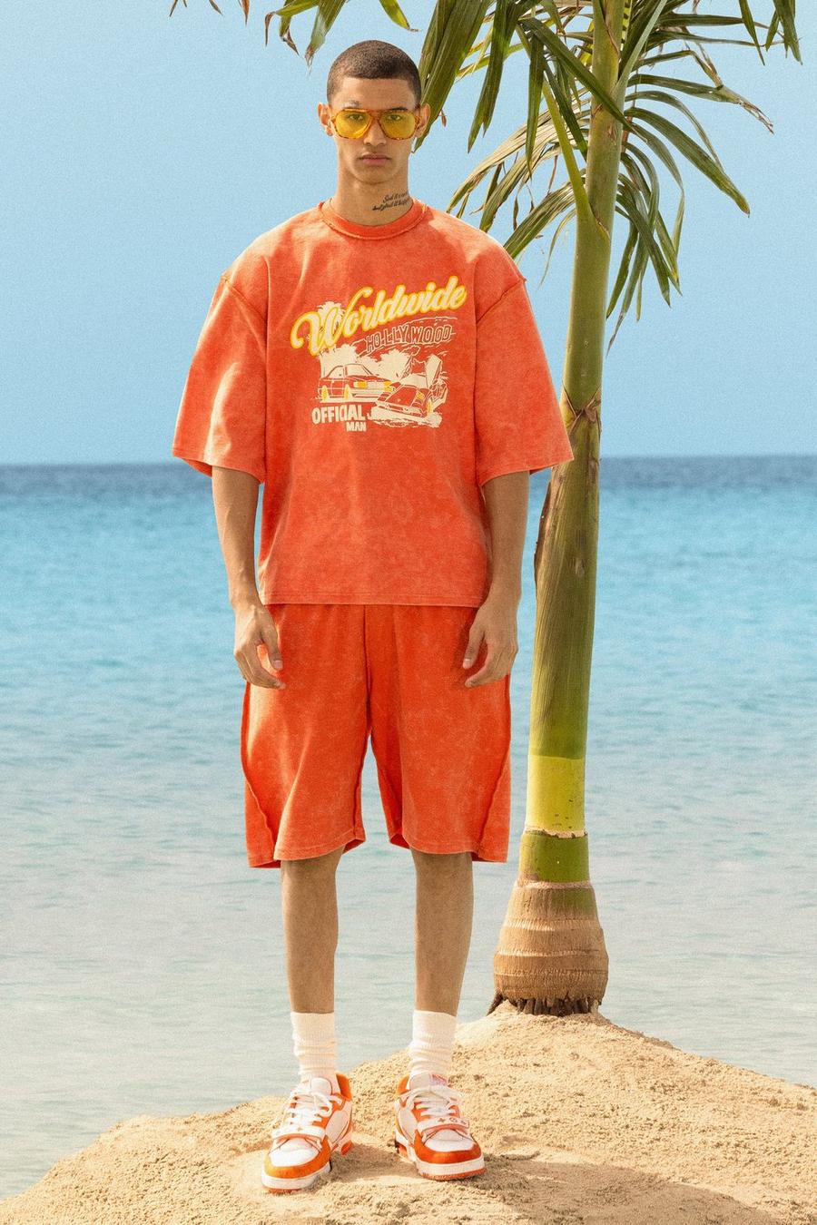 Reverse Loopback Printed Half Sleeve Sweatshirt, Orange