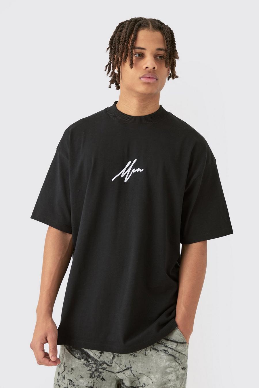 Camiseta oversize MAN con cuello extendido y estampado aterciopelado, Black