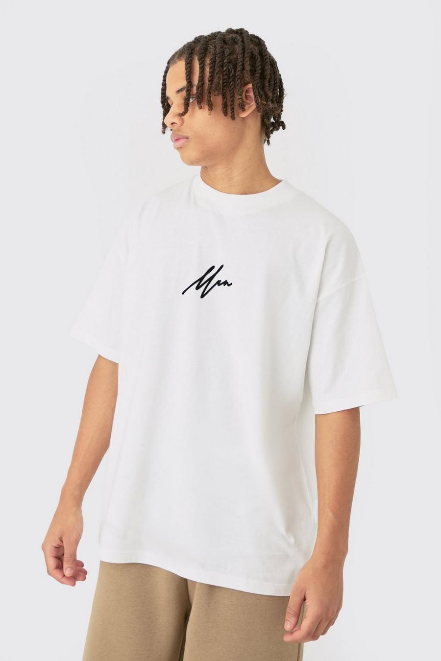T-shirt oversize Man con stampa a effetto velluto e girocollo esteso, Ecru
