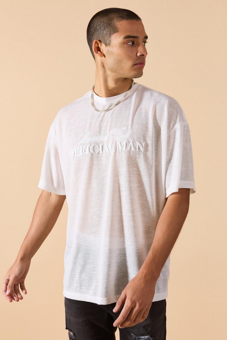 White Oversized Limited 3D Embroidered Burnout Mesh T-shirt image number 1