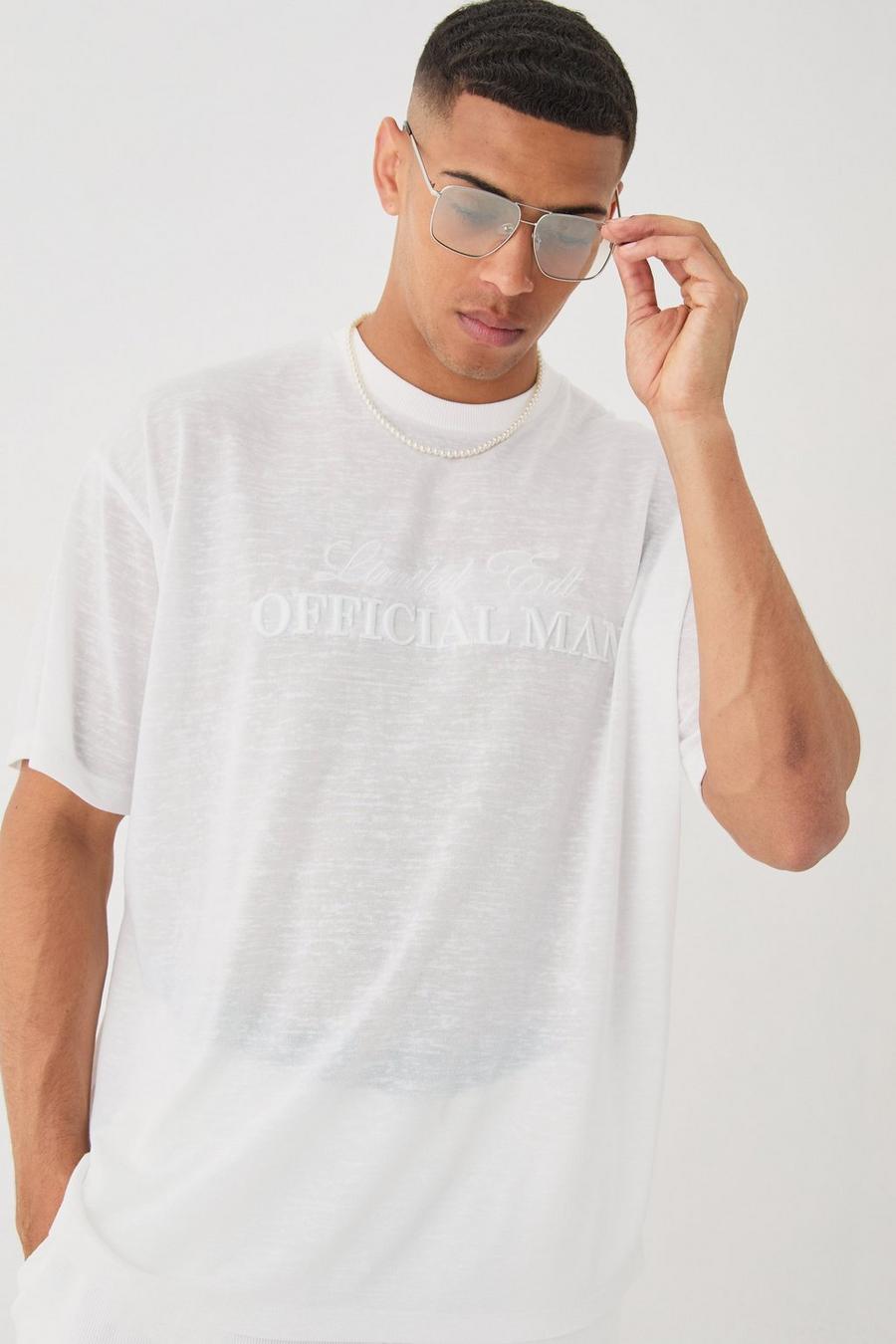 Camiseta oversize de malla desgastada con bordado Limited 3D, White