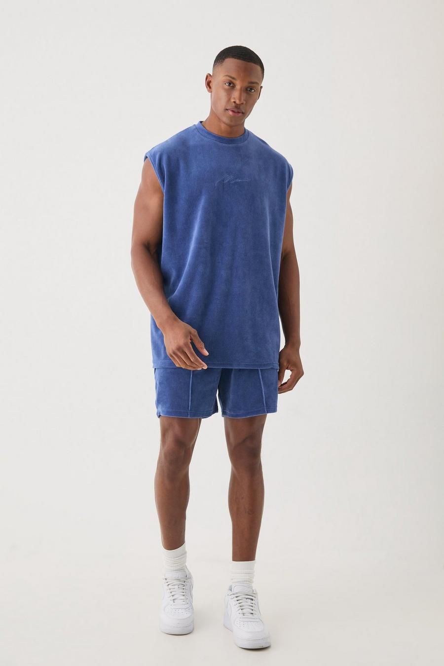 Slate blue Man Velour Oversized Tank & Pintuck Shorts Set