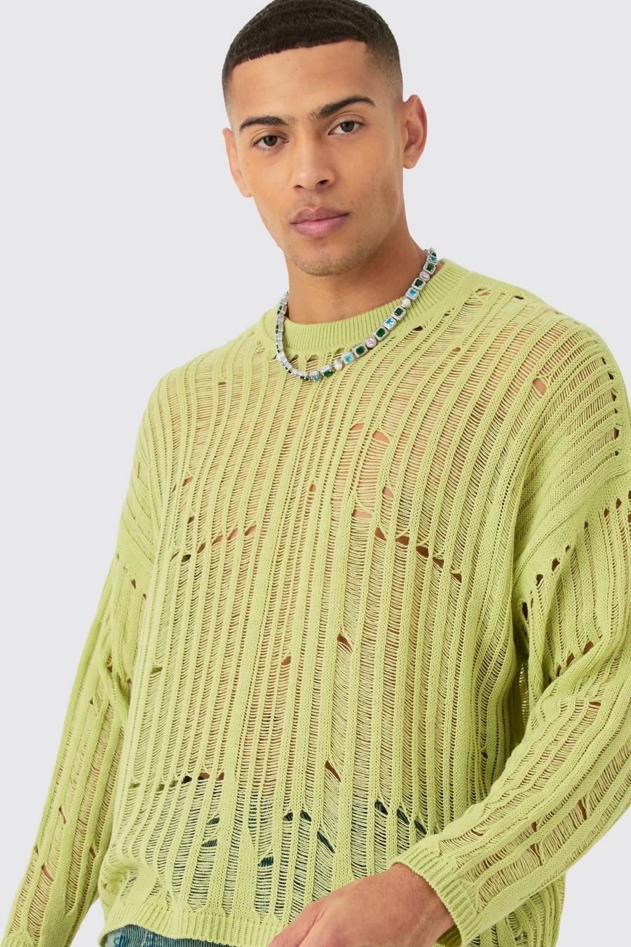 Maglione oversize in maglia traforata color salvia con smagliature, Sage image number 1