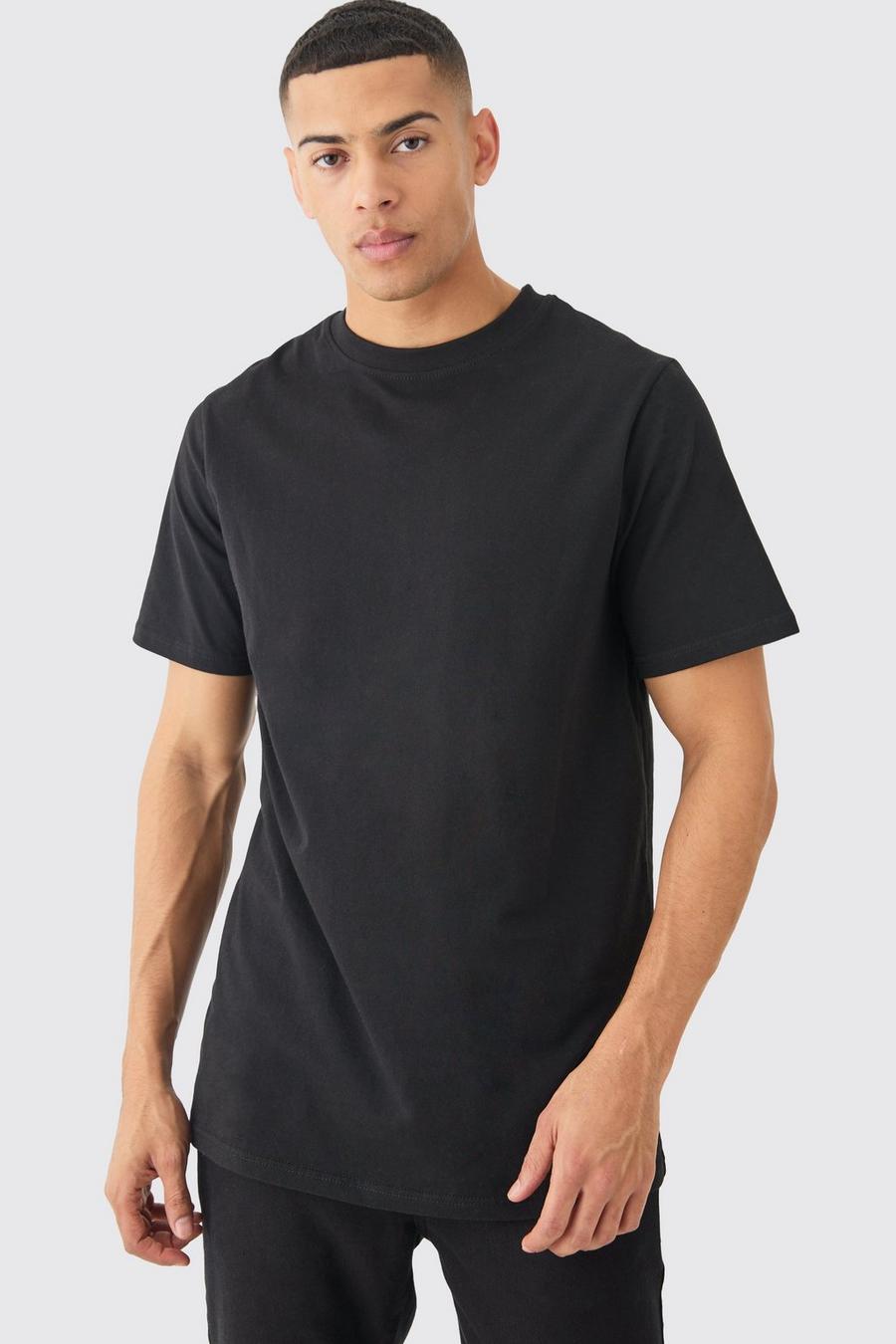 Black Basic Long Line T-Shirt Met Crewneck image number 1