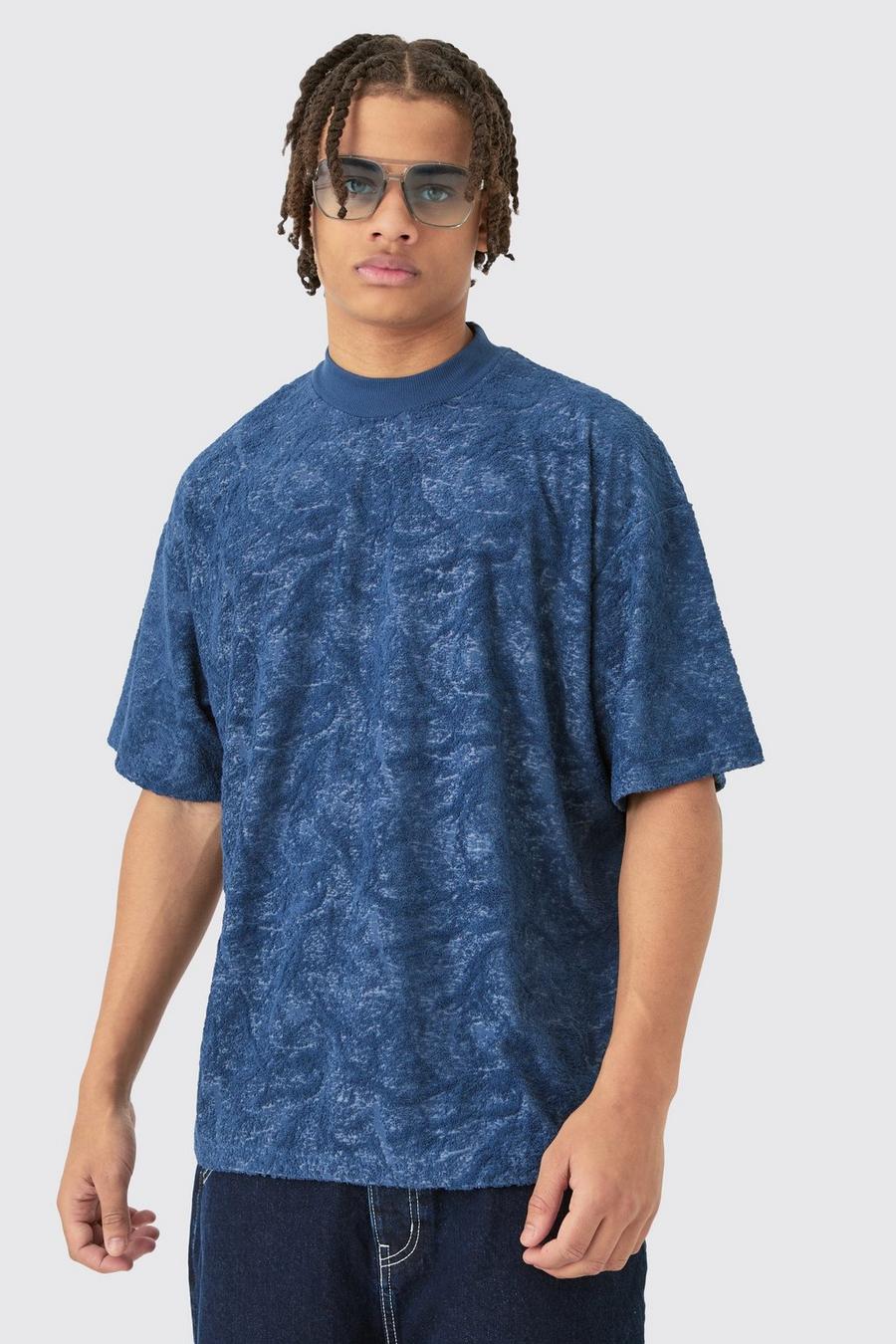 Oversize Jacquard Frottee T-Shirt mit Burnout Print, Navy