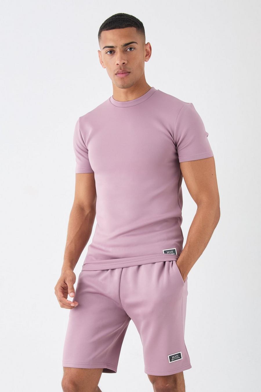 Set T-shirt attillata in Scuba & pantaloncini, Purple image number 1