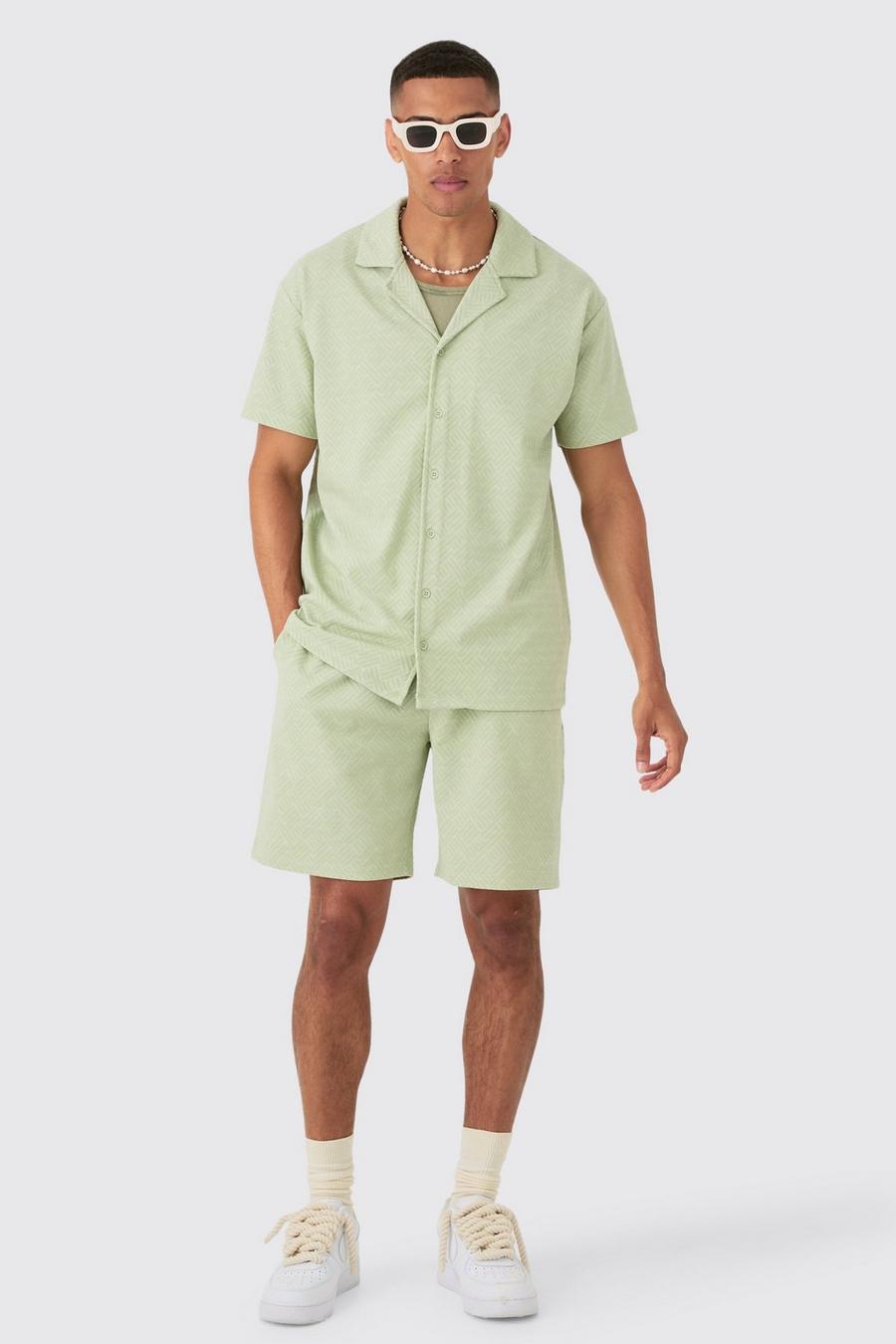 Conjunto oversize de pantalón corto y camisa de jacquard con solapas y estampado geométrico, Mint