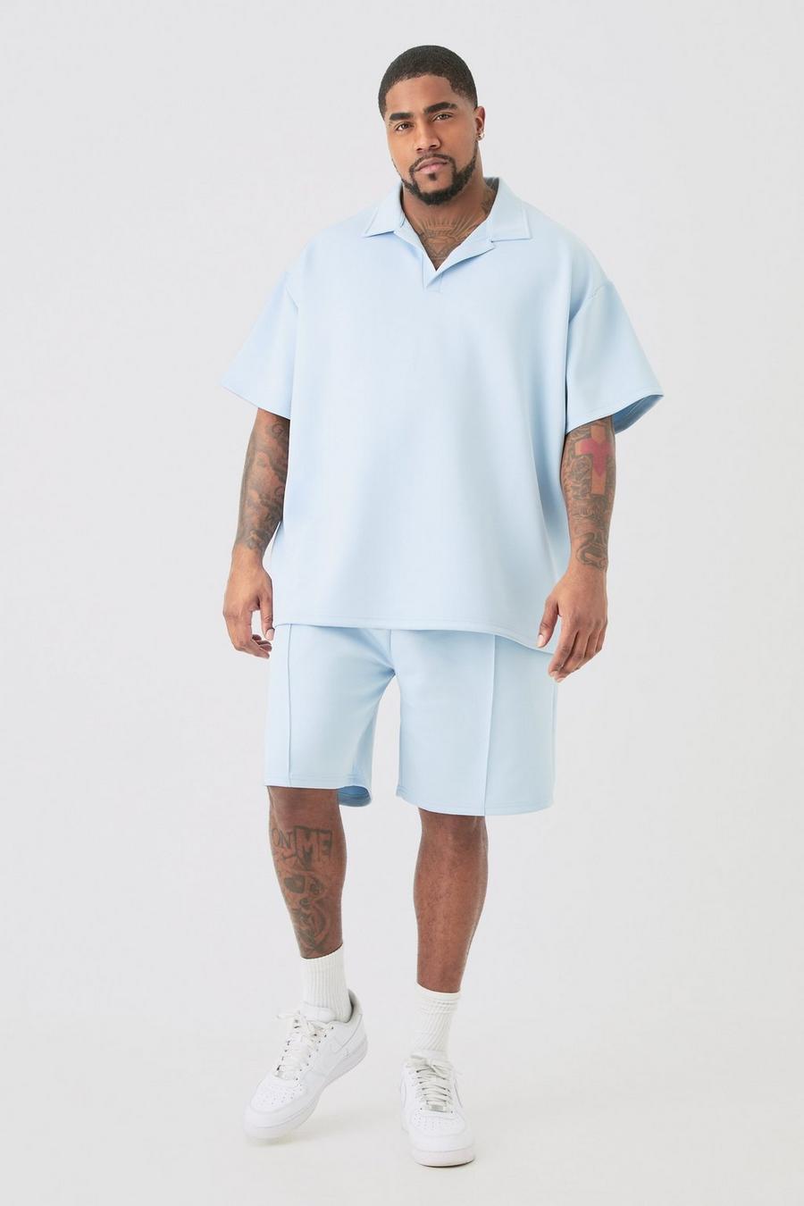 Plus Oversize Scuba Poloshirt & Shorts, Pastel blue image number 1