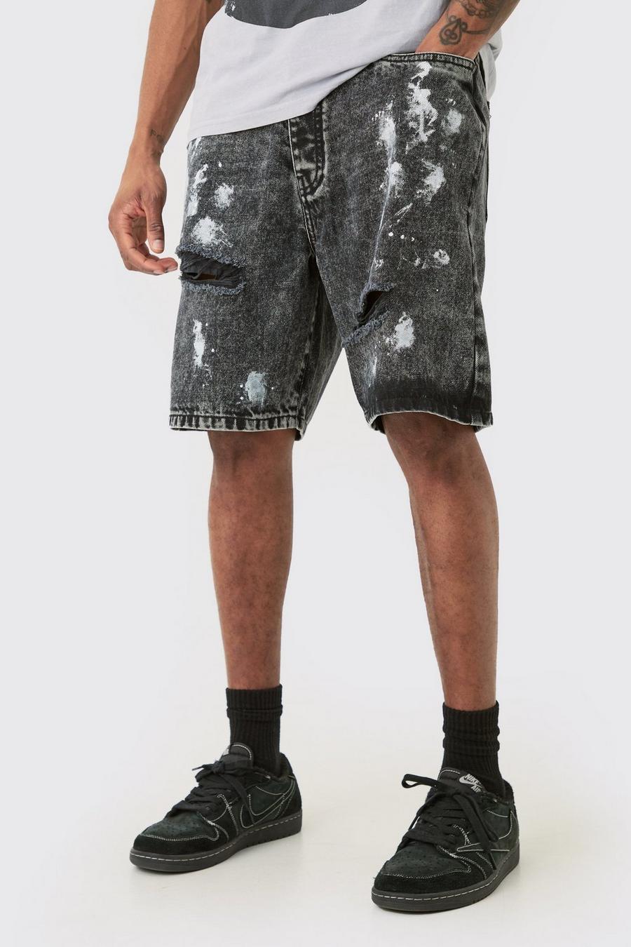 Tall Washed Black Paint Splatter Relaxed Denim Shorts image number 1