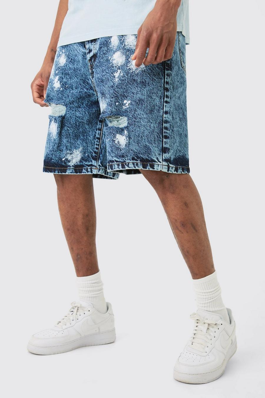 Tall Indigo Wash Paint Splatter Relaxed Denim Shorts