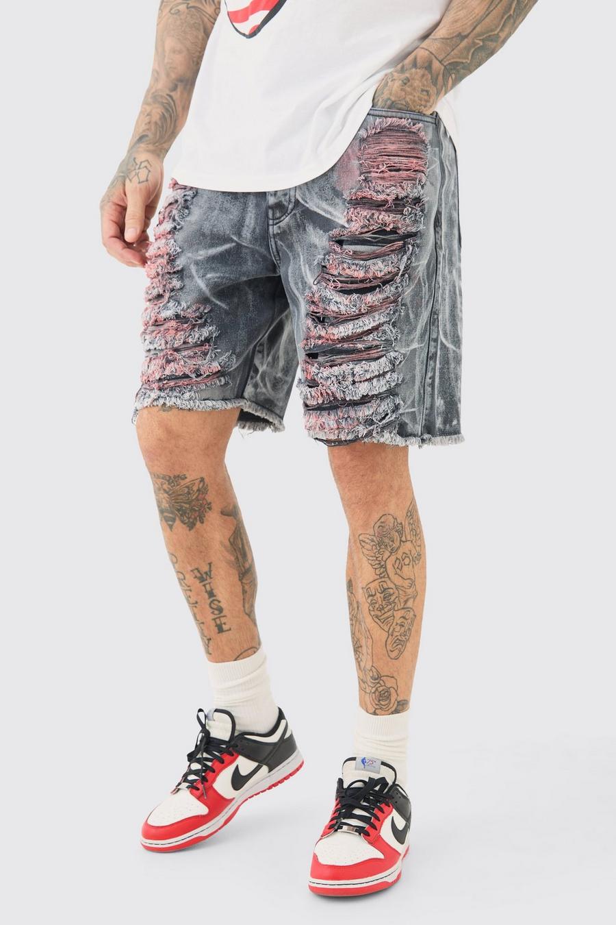 Tall Extreme Rip Acid Wash Relaxed Fit Short, Washed black